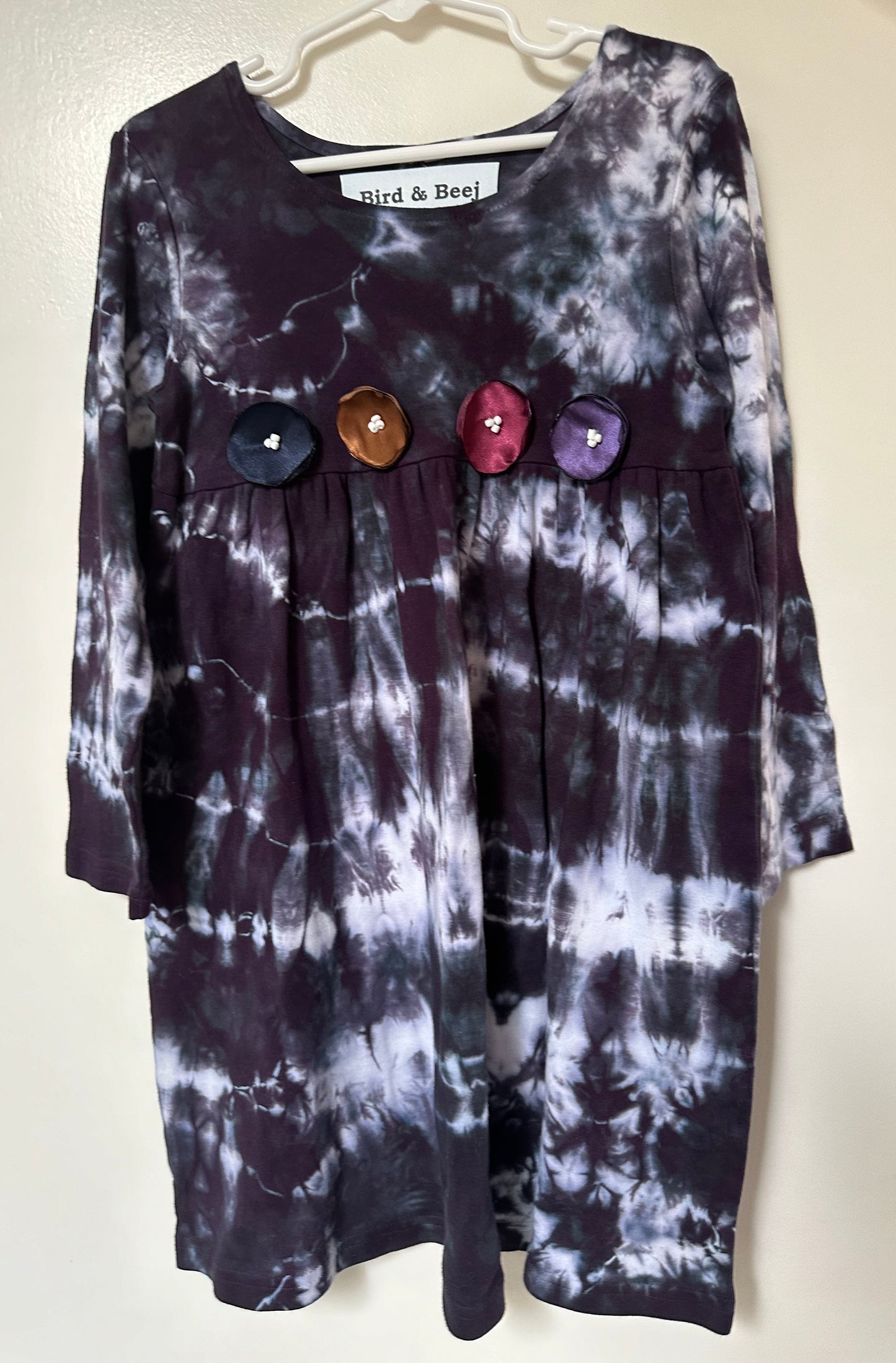 Tie dye Long Sleeve Dress w/ Satin Flowers